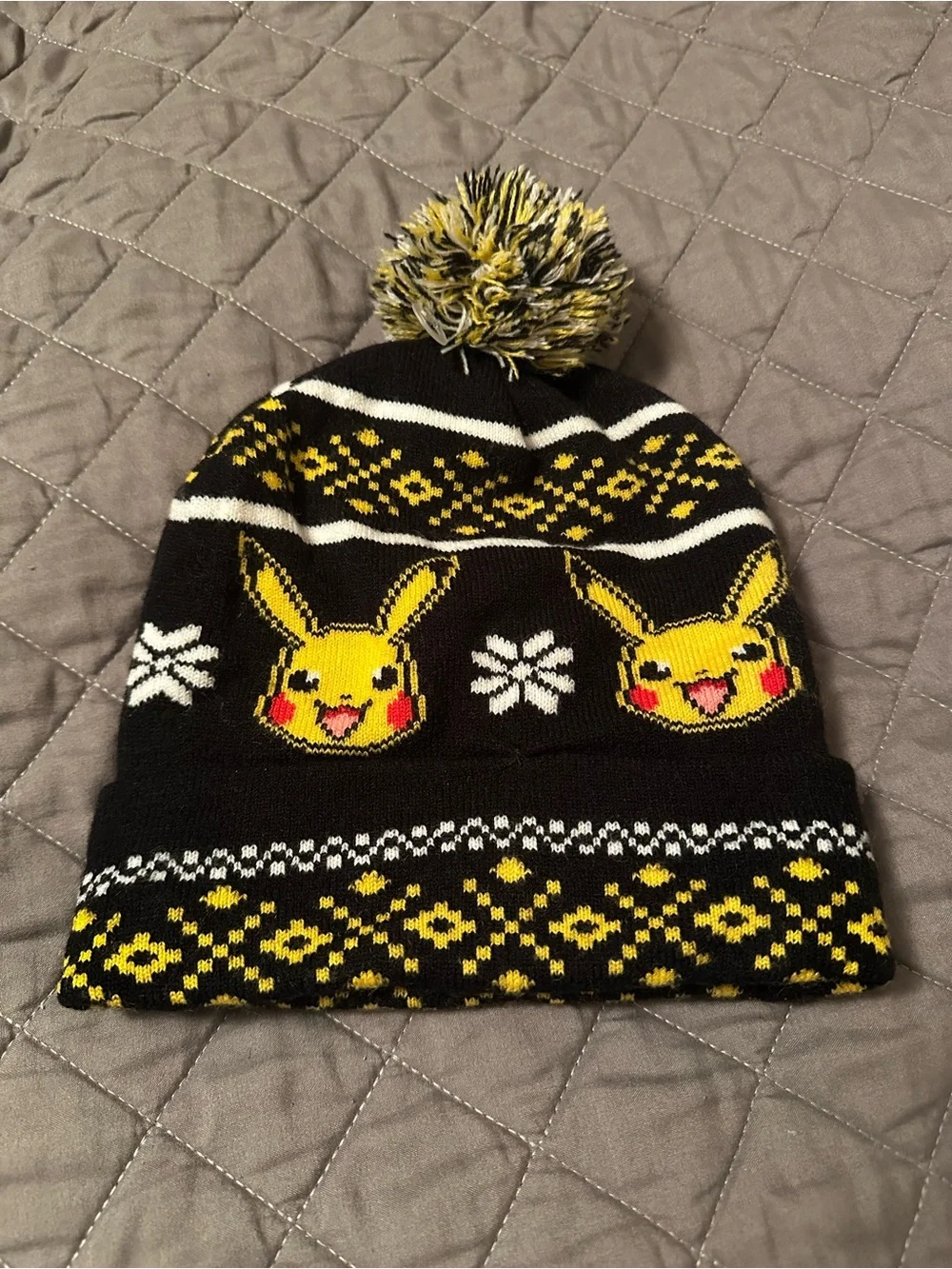 adidas Black and Yellow Kids Pom Beanie with Character Motif